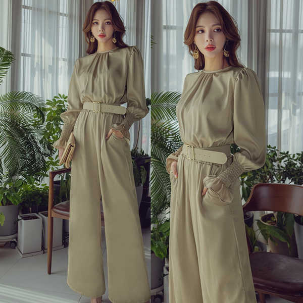 

High Quality Spring Elegant Vintage Women O-Neck Wide Leg Jumpsuits Waist Casual Slim Work Wear Rompers With Belt 210526, Photo color