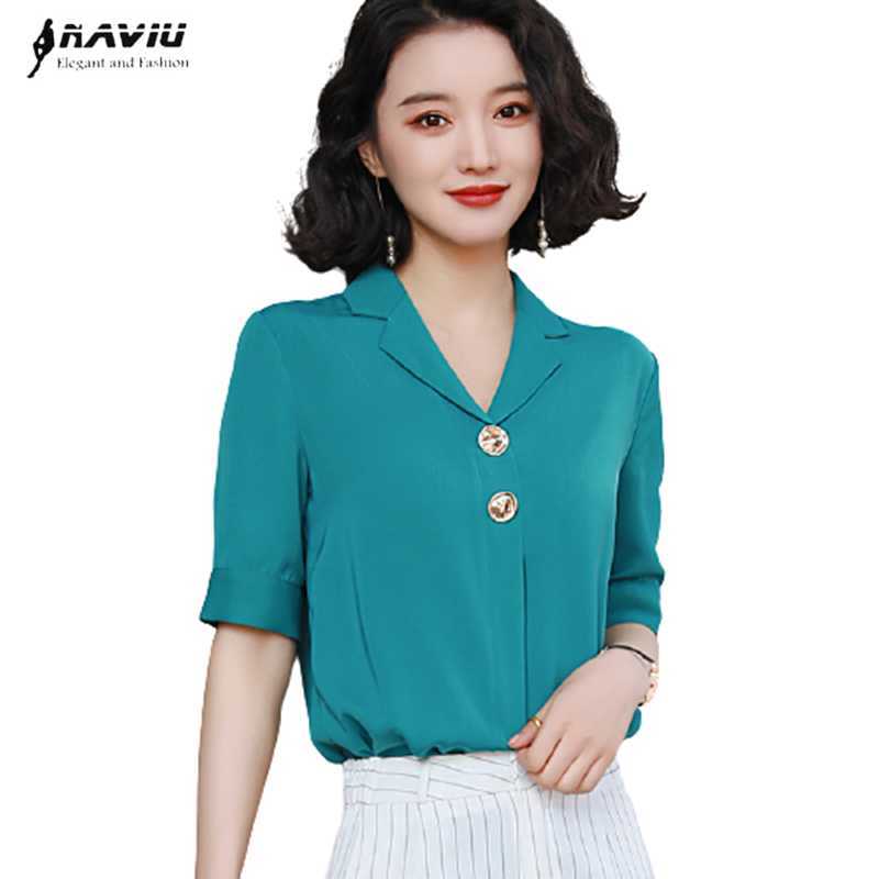 

Summer Elegant Women Shirt Temperament Half Sleeve V Neck Chiffon Blouses Office Ladies Plus Size Work Tops 210604, White