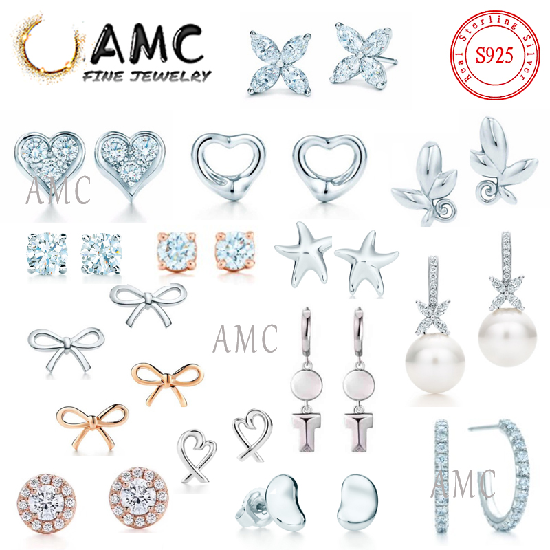 

Gift Box Amc 925 Sterling Silver Stud Pearl Earrings Love Classic Rhinestone Sparkle Wholesale Earring Luxury Designer Jewelry Women Earrin