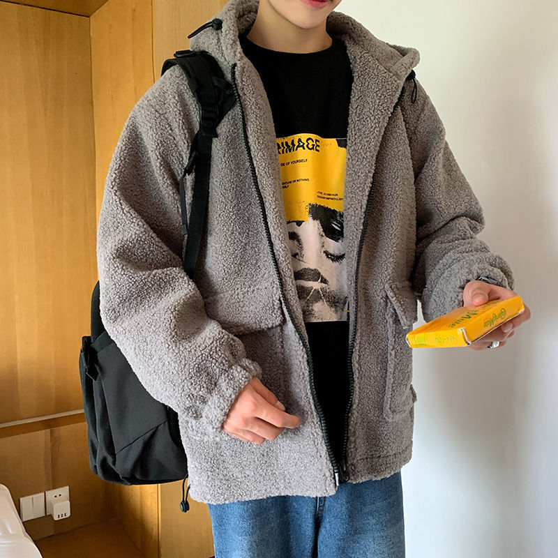 

2021 New Winter Lamb Fur Jacket Men's Warm Fashion Casual Hooded Men Parka Streetwear Loose Korean Short Coat Mens Clothes -5xl 6u4w, Gray