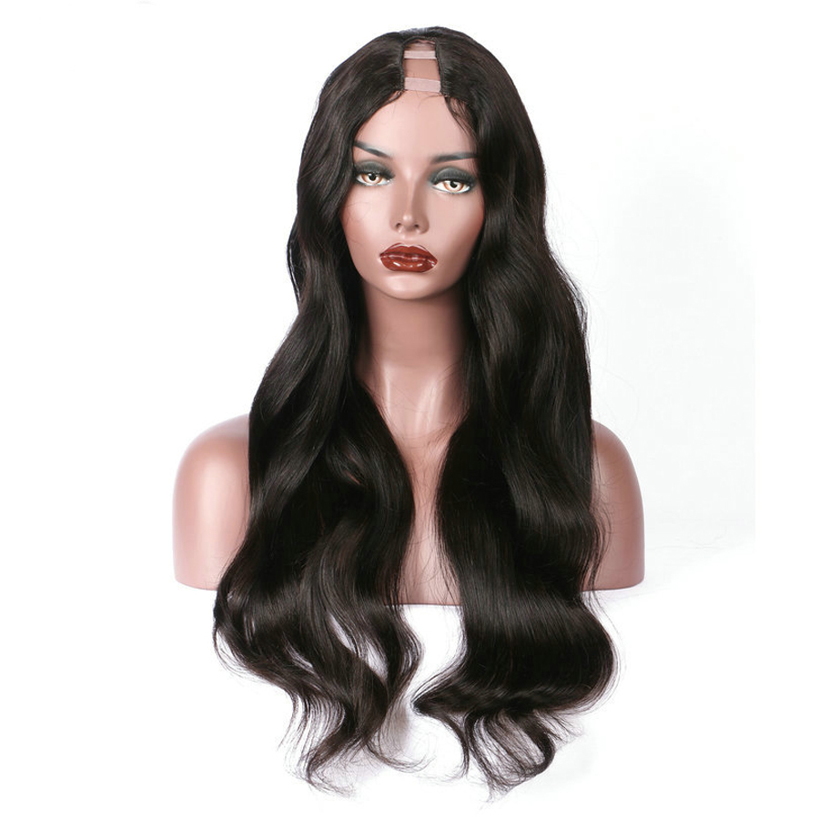 

Long Wavy U Part Human Hair Wigs Virgin Malaysian Body Wave Remy Glueless Human Hair Upart Wig Middle U Openning 1"x4", Natural black