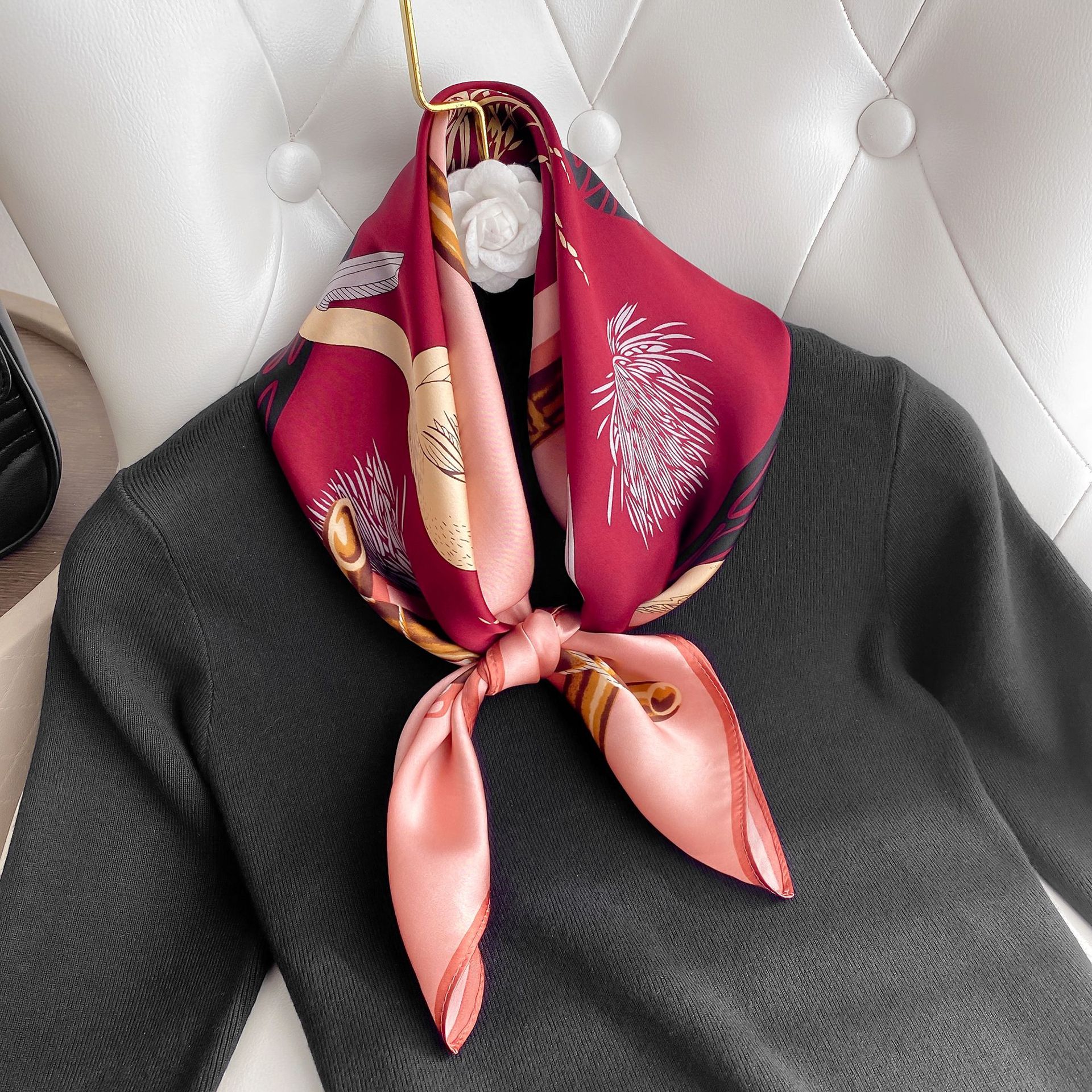 

New Silk Scarf Small Square Towel Womens Mulberry Silk Simple All-Match Young Small Silk Scarf Convenient Hair Band Scarf No. 5