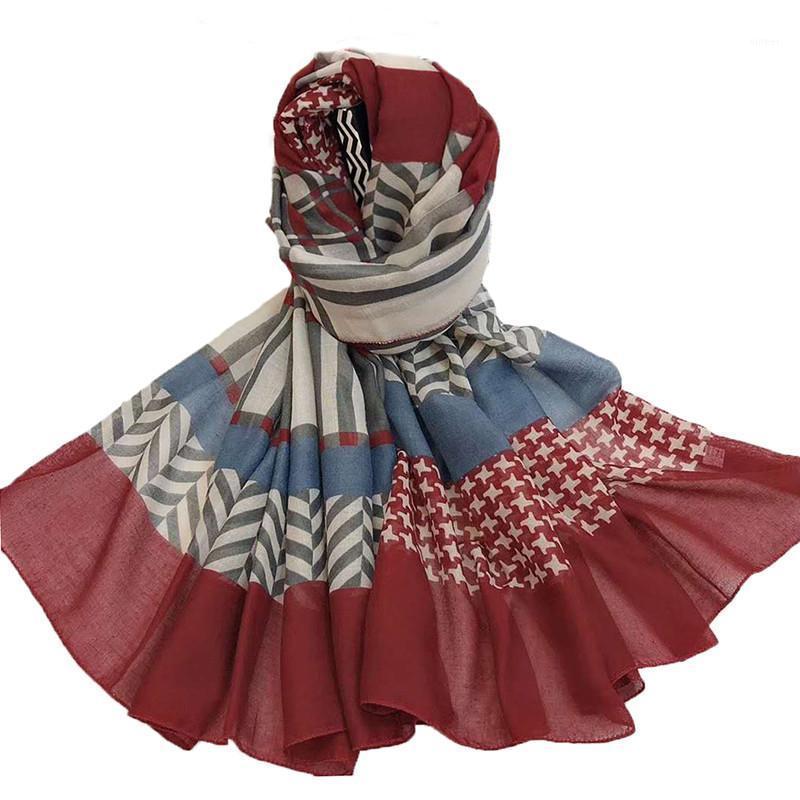 

Scarves 2021 Vintage Geometric Print Shawls Long Shawl Korea Cotton Soft Scarf Design Muslim Hijab, Blue;gray