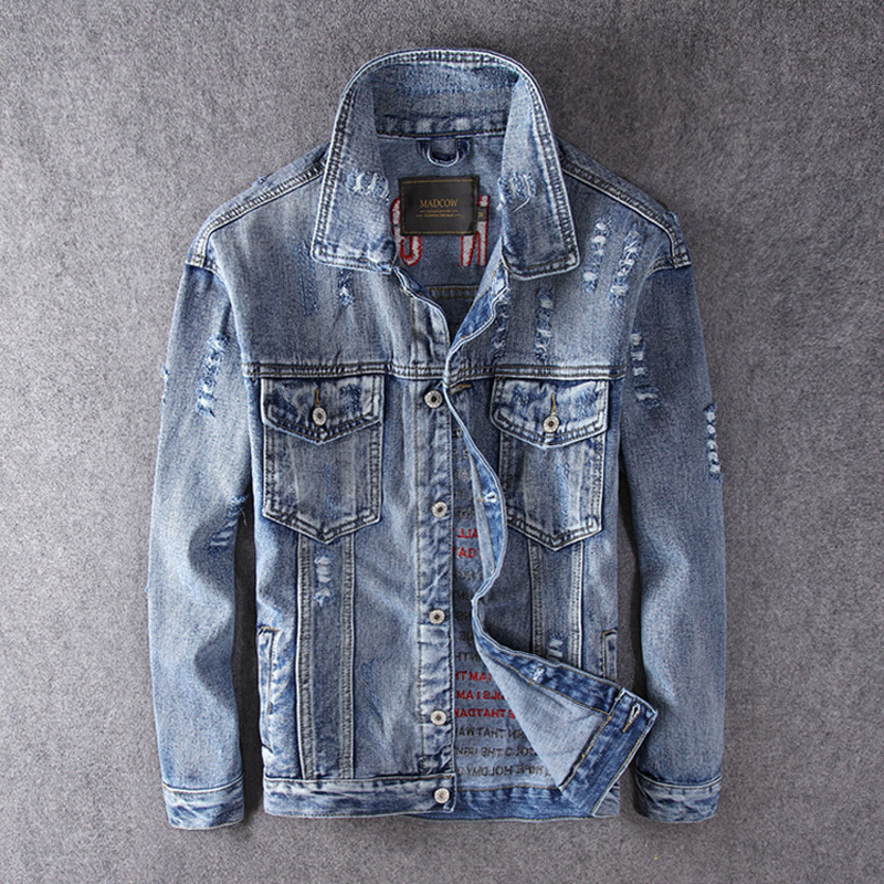 

2021 New Fashion Streetwear Men Blue Color Embroidery Designer Destroyed Denim Coats Ripped Biker Hip Hop Jackets Hombre 24vx