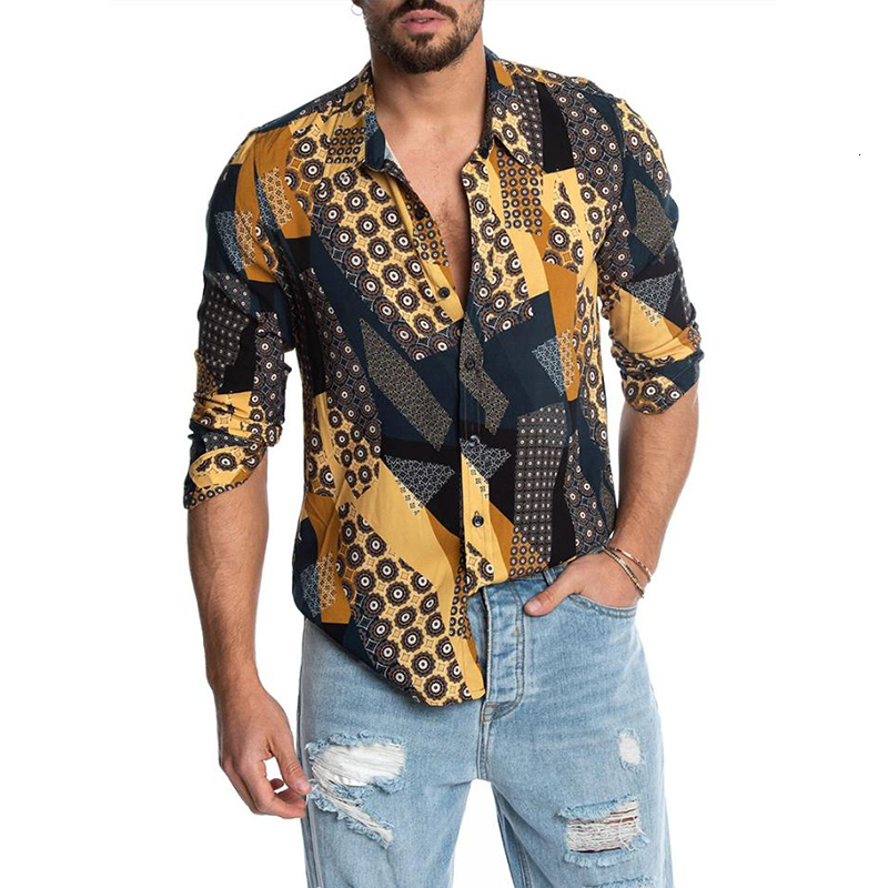 

2021 Hawaiian Standard Men's Shirts Casual Fashion Office of Social Affairs Slim Fit Masculine Lapel Button Flower Neck Long Clothes 1ex3, Yellow