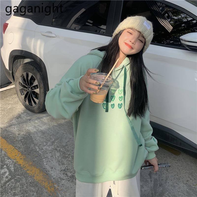 

Women's Hoodies & Sweatshirts Gaganight Women 2021 Autumn Winter Korean Chic Sweet Green Love Printed Plus Velvet Thick Loose Pullover Femal