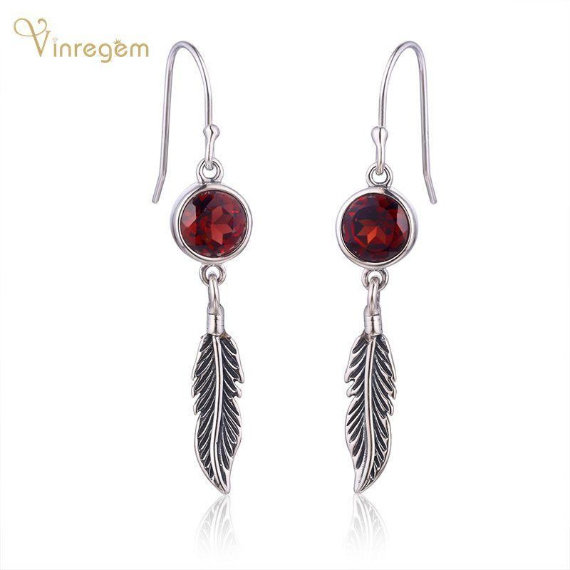 

Dangle & Chandelier Vinregem Vintage 100% 925 Sterling Silver Round Cut Garnet Party Feather Tassel Earrings For Women Fine Jewelry Gifts