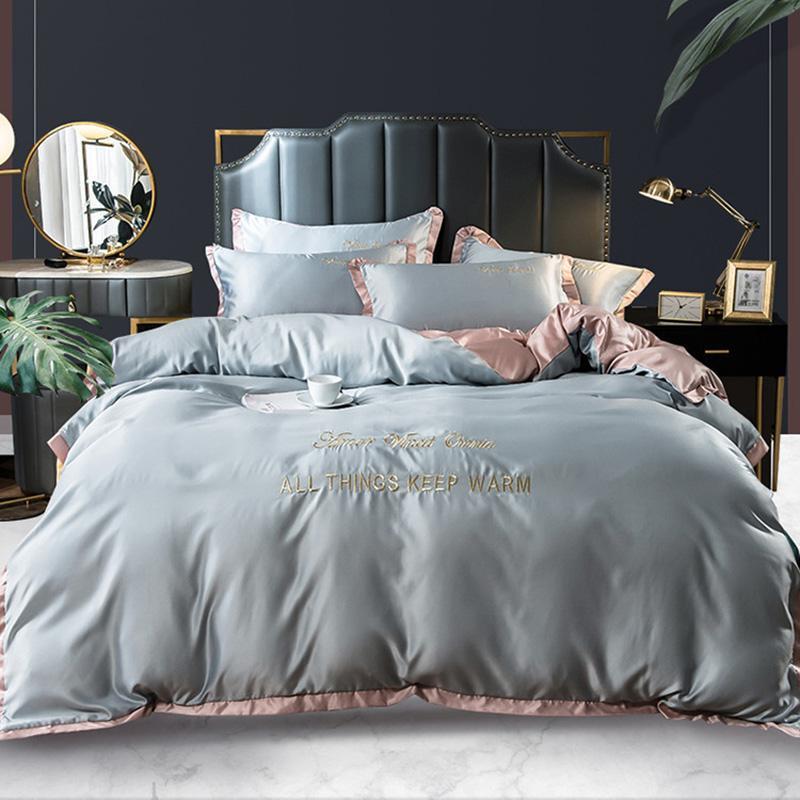 

4pcs Washed Silk Bedding Set Breathable Quilt Cover Luxury Bedclothes Ice Cold Pillowcase Healthy Duvet Cover Set For Home, Pink