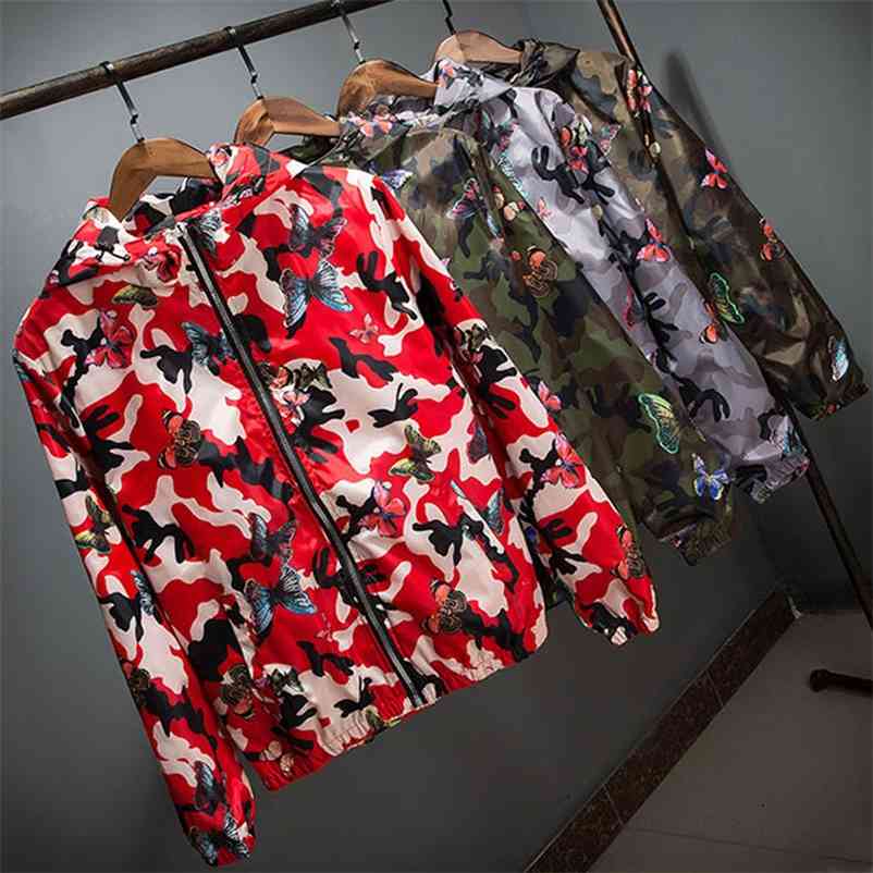 

High Quality Women Windbreaker Jacket Spring Summer Camo Thin Female Camouflage Butterfly Windbreaker Coats Hooded 210722, Gray