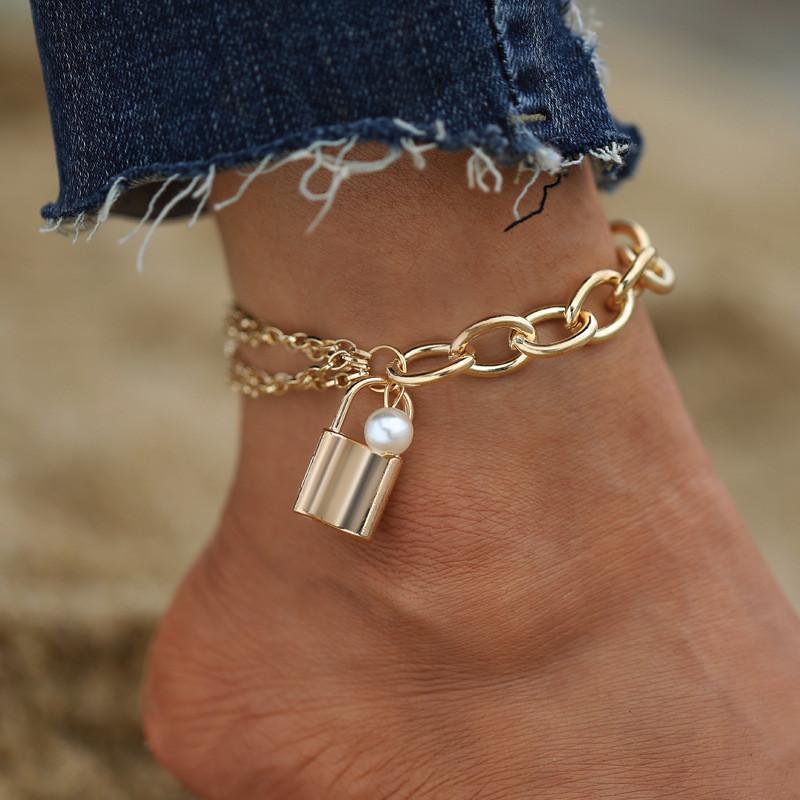 

Anklets Bohemian Gold Color Lock For Women Fashion Pearl Anklet Summer Beach Ankle Bracelet Foot Chain Jewelry, Red;blue