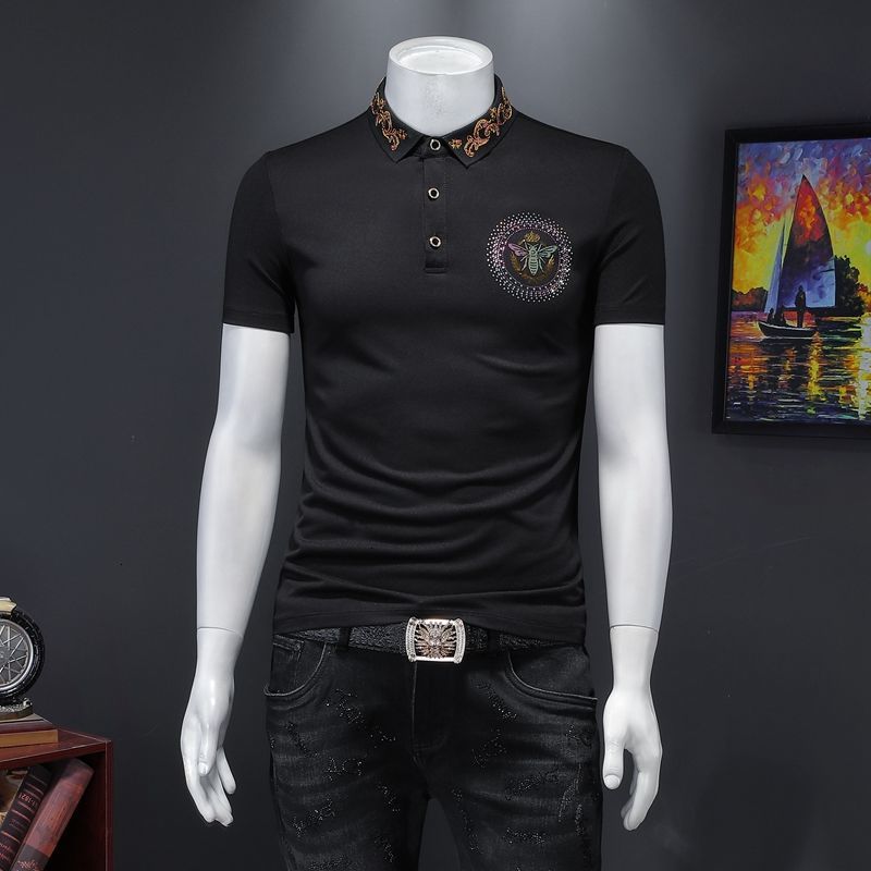 

2021 New Summer Fashion Bee Hot Drilling Short Sleeved High Quality Lapel Embroidery Trendy Luxury Men Polo Shirt M1w2, Black