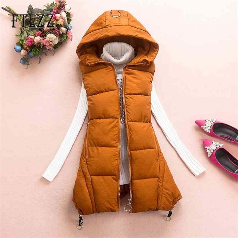 

Long Vest For Women Autumn Winter Warm Hooded Sleeveless Tops Female Slim Medium Cotton Padded Jacket Waistcoat Mujer 210602