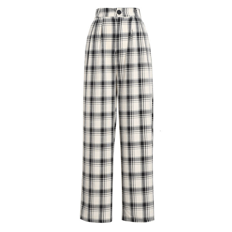 

2021 England Stylish Plaid Black White Elastic High Waisted Wide Leg Pants Women Loose Cotton Elegant Office Lady Fashion Trouser Dz9e