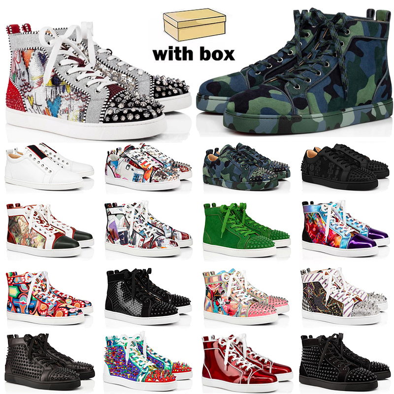 

Red bottoms sneakers men women designer shoes high low top Black White Camo Green Glitter Grey pink leather suede mens fashion spikes casual trainers, Itme #20
