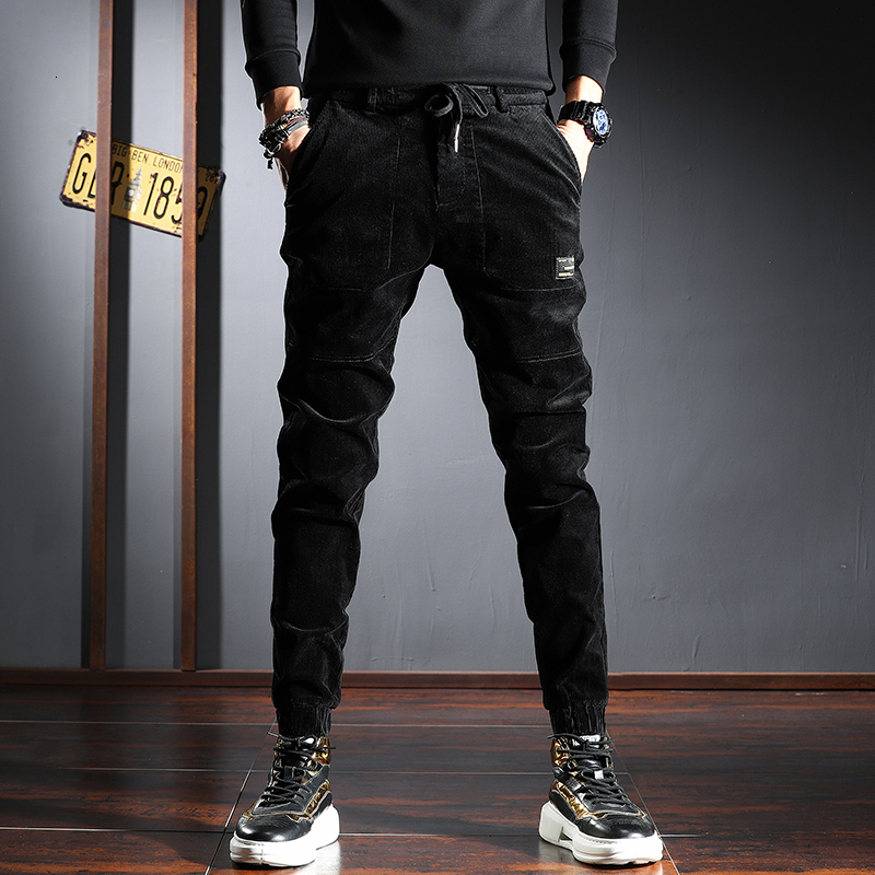 

2021 New Autumn Newly Designer Fashion Men Jeans Casual Corduroy Cargo Pants Streetwear Elastic Waist Hip Hop Joggers Harem Trousers Jnct, Black