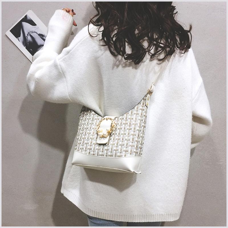 

Women's Crossbody Bags Retro Leather Weave Shoulder Bag Wild Pearl Ring Bucket Bag Large Capacity Bags Bolsa Mujer, Green