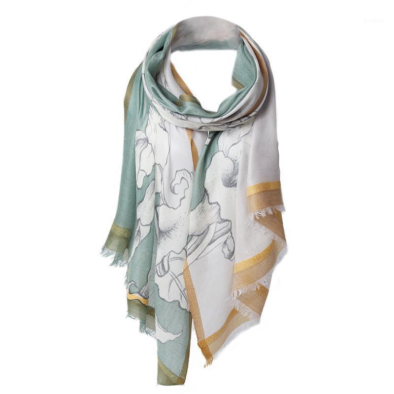

100% Cashmere Scarf Printed Floral Thin Warm Fashion Autumn Winter Large Size Long Real Silk Ladies 200-70cm, Blue;gray