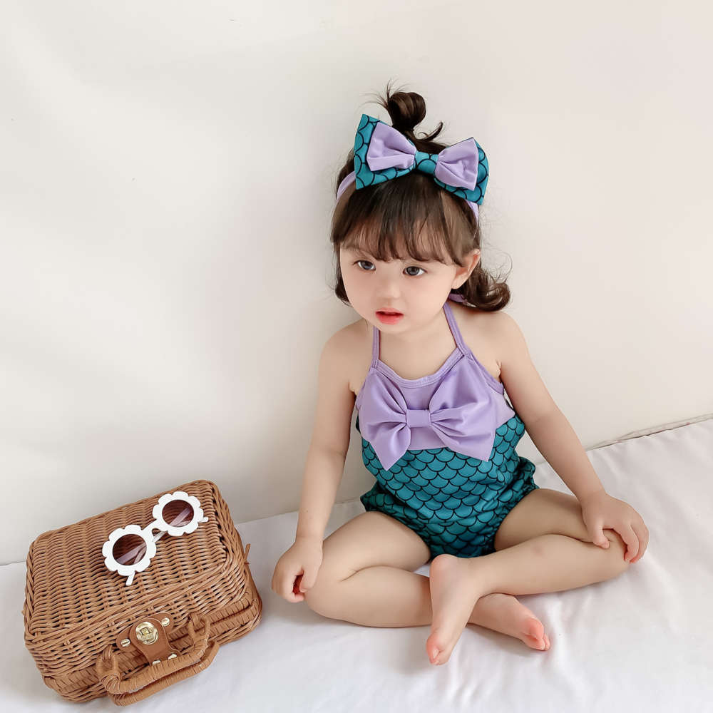 

Summer baby Mermaid fish scale swimsuit girl's two piece one with big bow, White