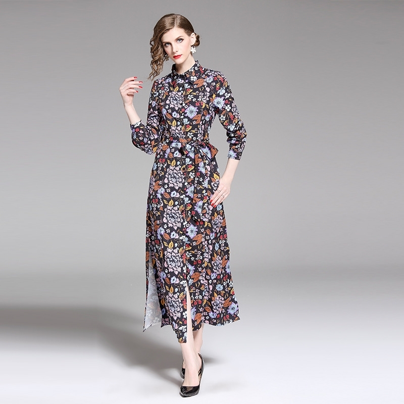 

high end women's 2020 spring new hem split long sleeve print dress, Black;gray