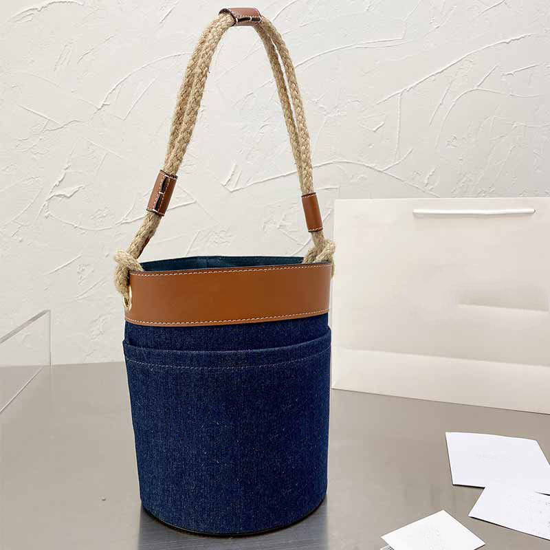 

2021 Denim Hemp Rope Bucket Bag Retro Underarm Handbag Brown Cowhide Tote Bags Fashion Letter All Match Picnic Package Lager Capacity, More photo;contact me