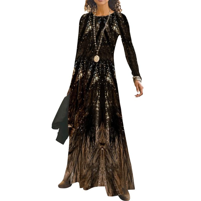 

Casual Dresses Elegant Women Gradient Print Ankle-Length Dress Round Neck Sheath Female Spring Autumn Vestidos Party Long Sleeve Maxi, Black;gray