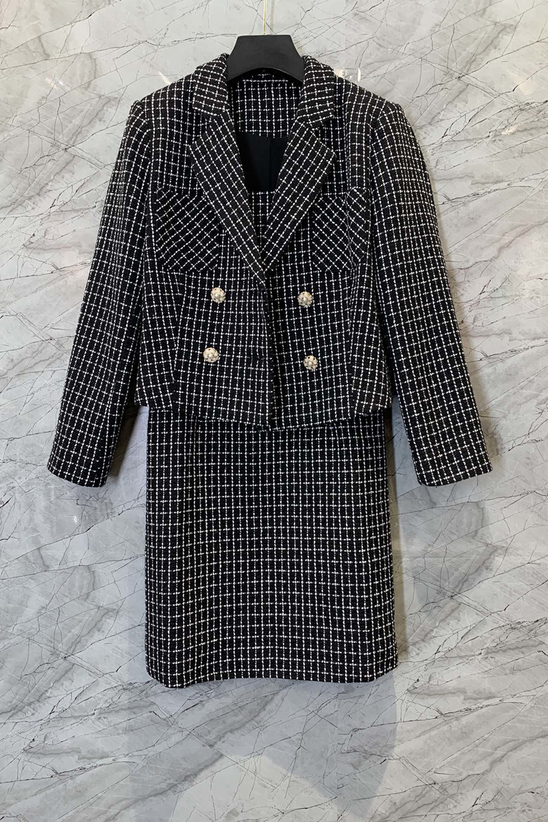 

Plaid Short Coat Suspender Dress Two-Piece Womens Clothing Autumn European and American New Suit 9DD, Black