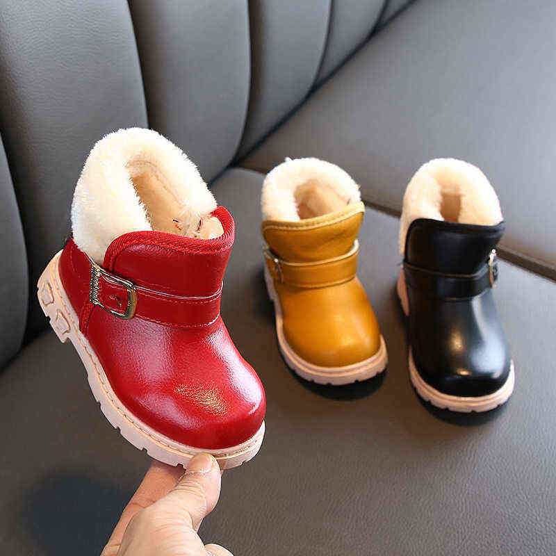 

Kids Girls Snow Boots Winter Pu Leather Infant Cotton Shoes Buckle Toddler Boots Warm Casual Non-slip Short Plush Warm 211108, Red