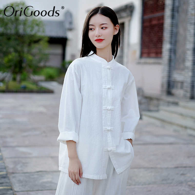 

OriGoods Women Long sleeve Shirt Autumn Chinese style Shirt Blouse Cotton Linen Vintage Shirt Qigong Tai Chi clothes C269 210721, Navy blue