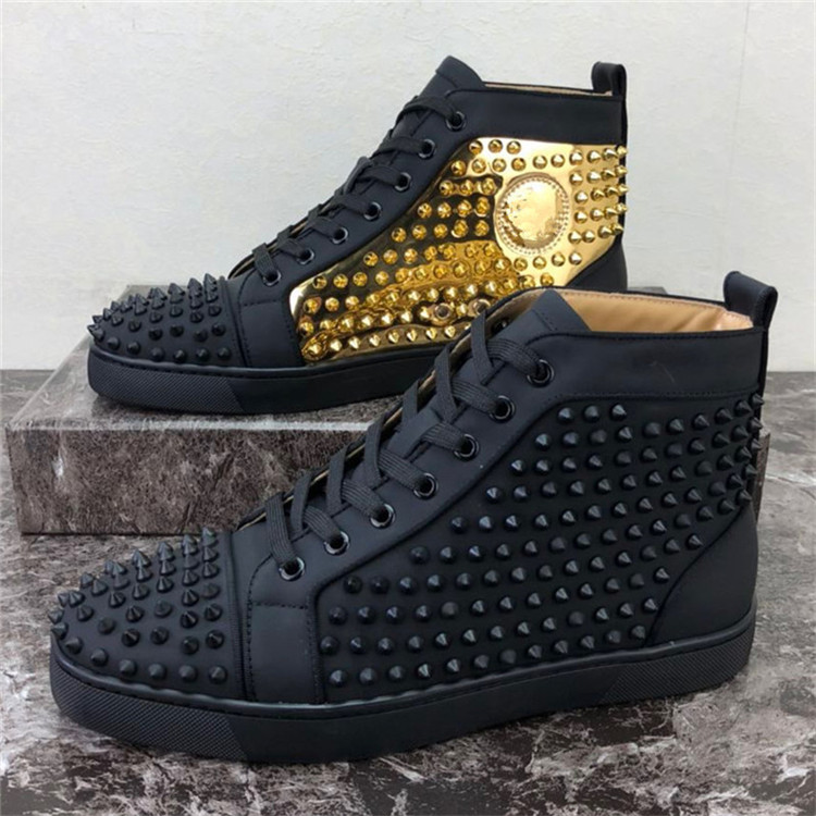 

2021 Designer Men Women Casual Shoes Red Bottom Studded Spikes Fashion Platform Insider Sneakers Black White Silver Leather High Boots Size34-48, 23