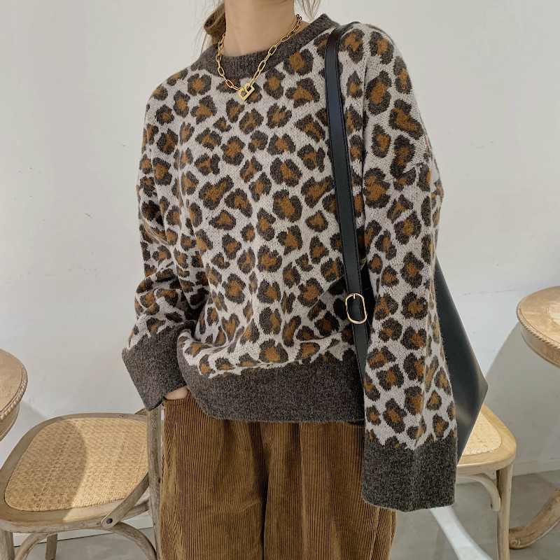 

2021 Female Spring The-neck Leopard Shirt Print Loosely Knit Fashion Pullovers Pull Femme 7yus, Red.