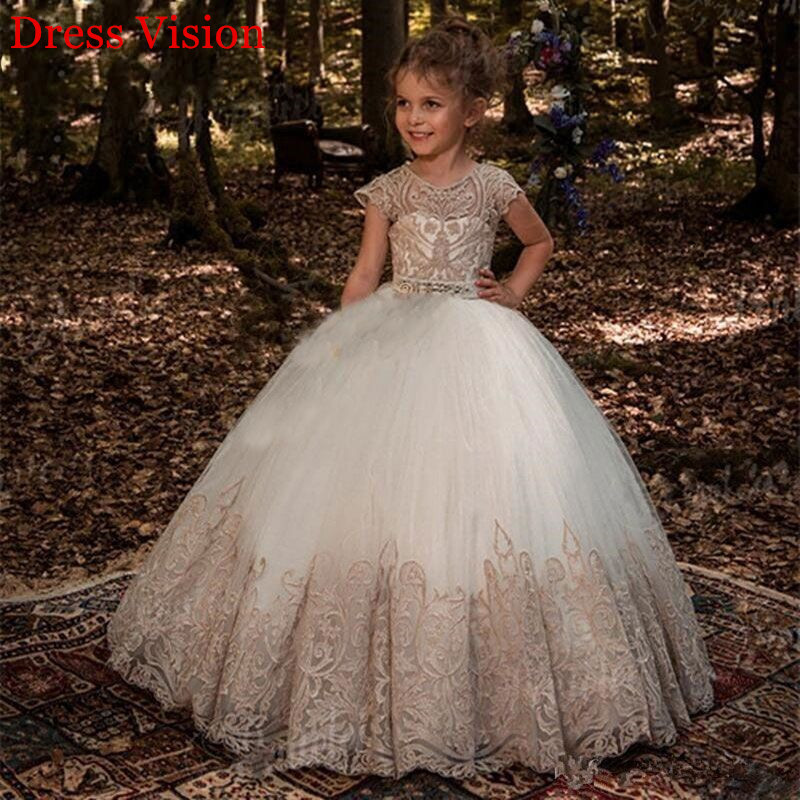 

2021 Flower Girls Lace Appliques O-neck Party Prom Princess Gown Pageant Es B15i, Champagne as photo
