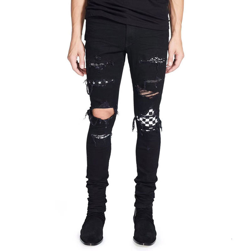 

2021 New American Streetwear Fashion Black Color Elastic Destroyed Ripped Men Broken Pants Hip Hop Ny Jeans Homme V5wa