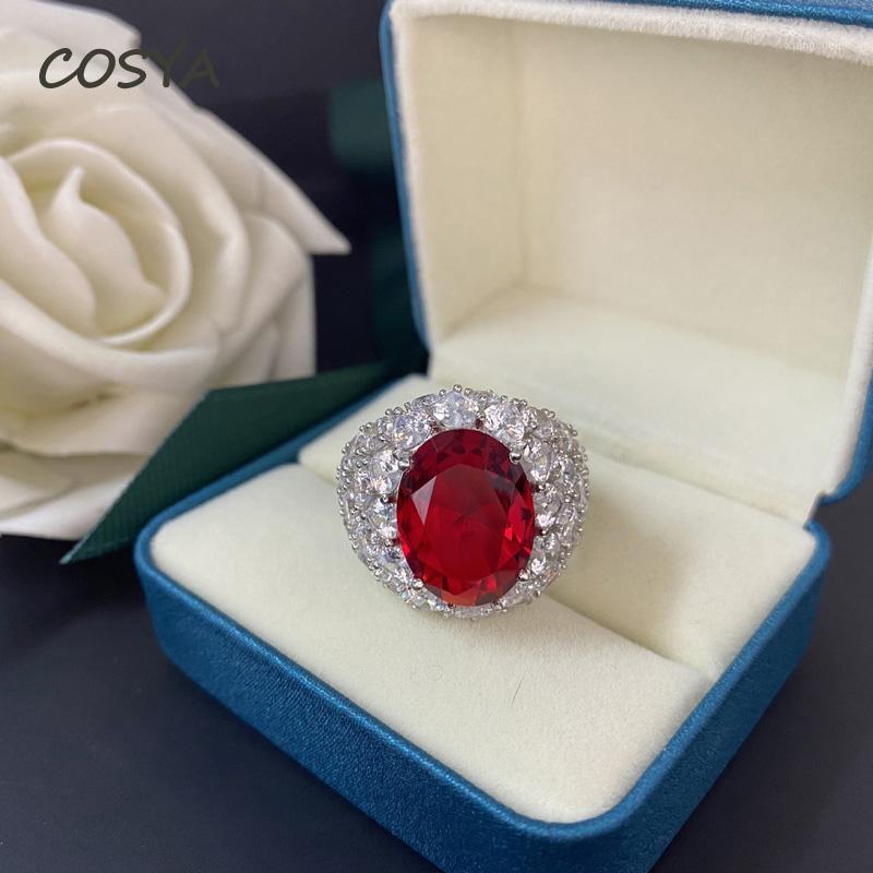 

Cluster Rings COSYA 100% 925 Sterling Silver Ruby Sapphire High Carbon Diamond Wedding 12*16mm Retro Cocktail Party Fine Jewelry Gift, Golden;silver