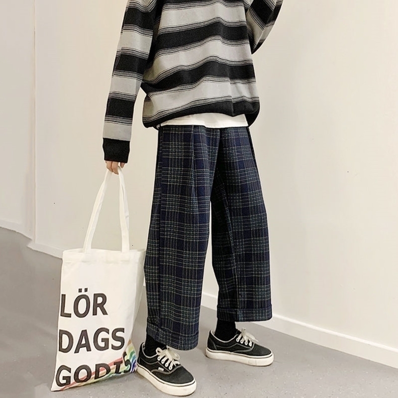 

2021 New Winter Thick Woolen Men's Warm Fashion Retro Casual Plaid Pants Men Streetwear Wild Loose Straight Trousers Mens S-2xl 4omx, Black