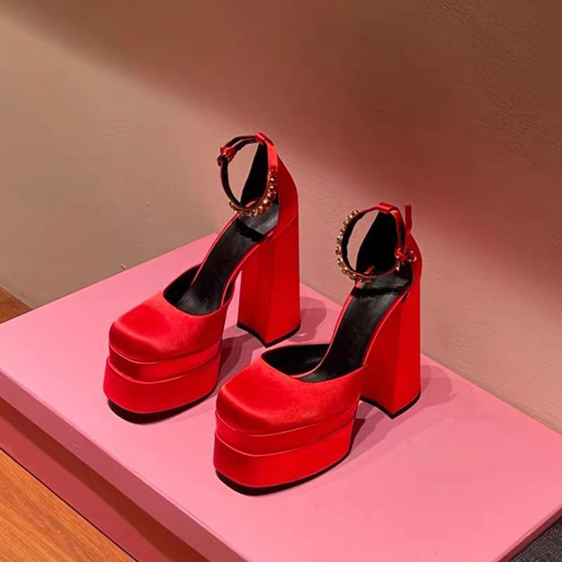 

Waterproof platform super high women's buckle sandals silk Rhinestone decoration multi-color versatile style, Color 1