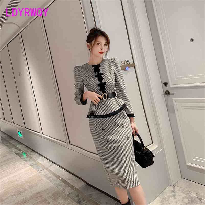 

autumn bowknot check suit temperament fashion skirt two-piece Office Lady O-Neck Pullover Regular 210603, Sky blue