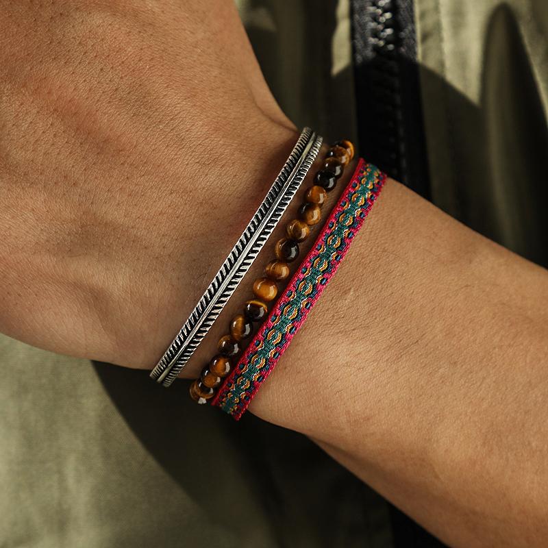 

Beaded, Strands 3PCS/Set Of Men's Adjustable Bracelet Natural Tiger's Eye Stone Round Beads Tibetan Buddhism Retro Cuff Jewelry