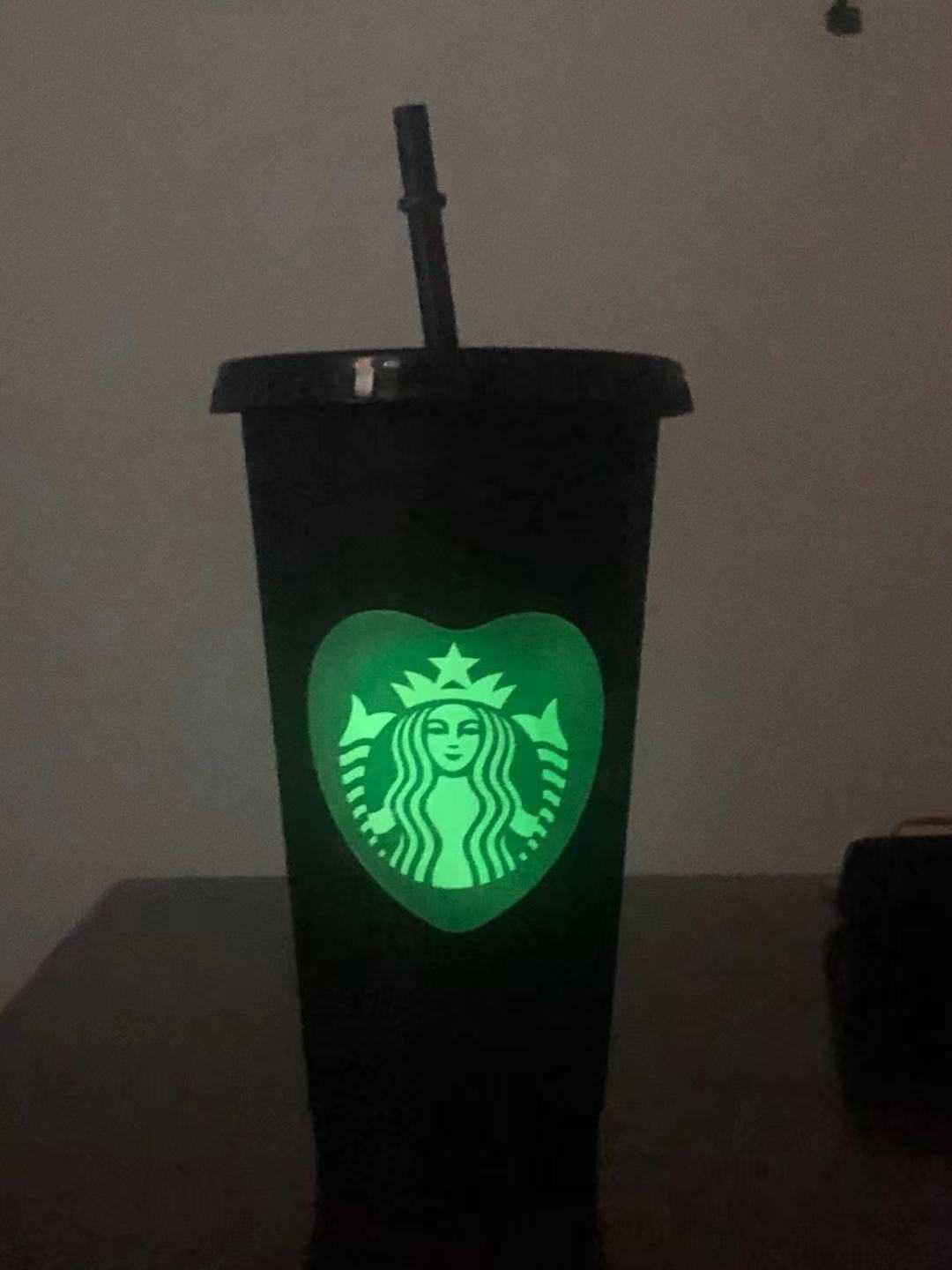 Luminous Starbucks 24OZ/710ml Plastic tumblers Reusable Clear Drinking Flat Bottom Cup Pillar Shape Lid Straw Mug Bardian UV machine5396-image-747427749