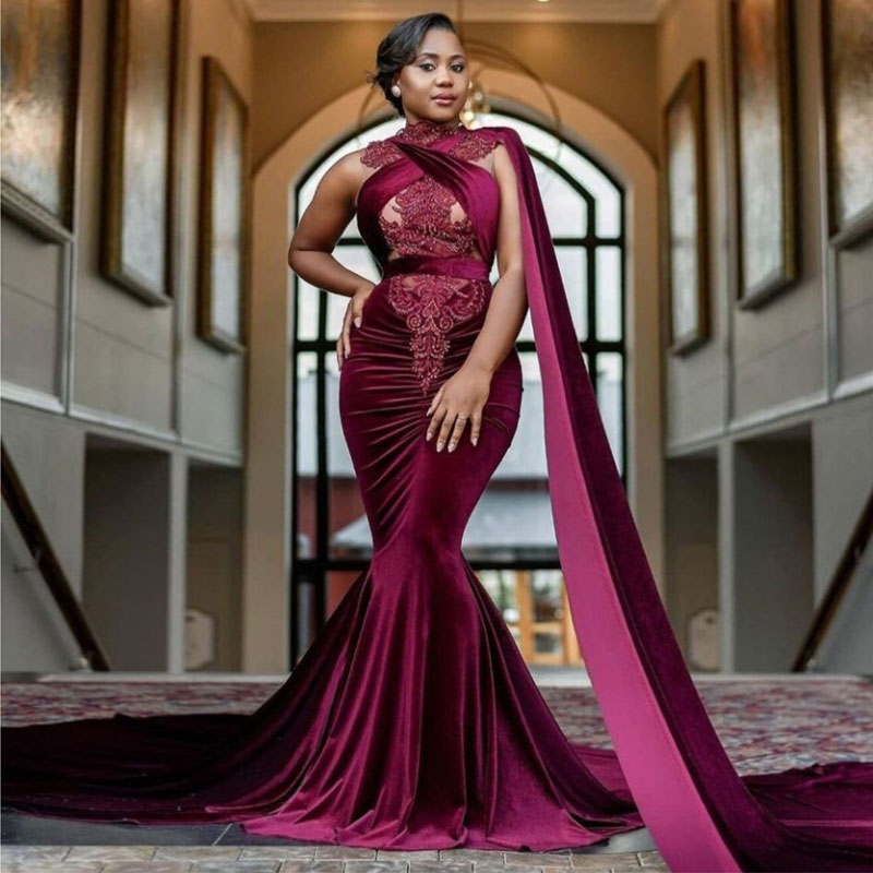 

Grape Mermaid Beaded Evening Dresses Appliqued High Neck Plus Size Prom Gowns Sweep Train Velvet Formal Dress, Coral