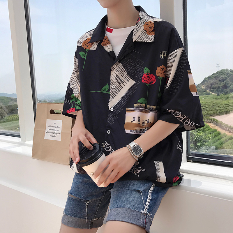 

2021 New Summer Men's Loose Printing Fashion Trends Bf Wind Short Sleeve Shirt Cotton Clothes Camisa Masculina M-xl 1cs8, Black
