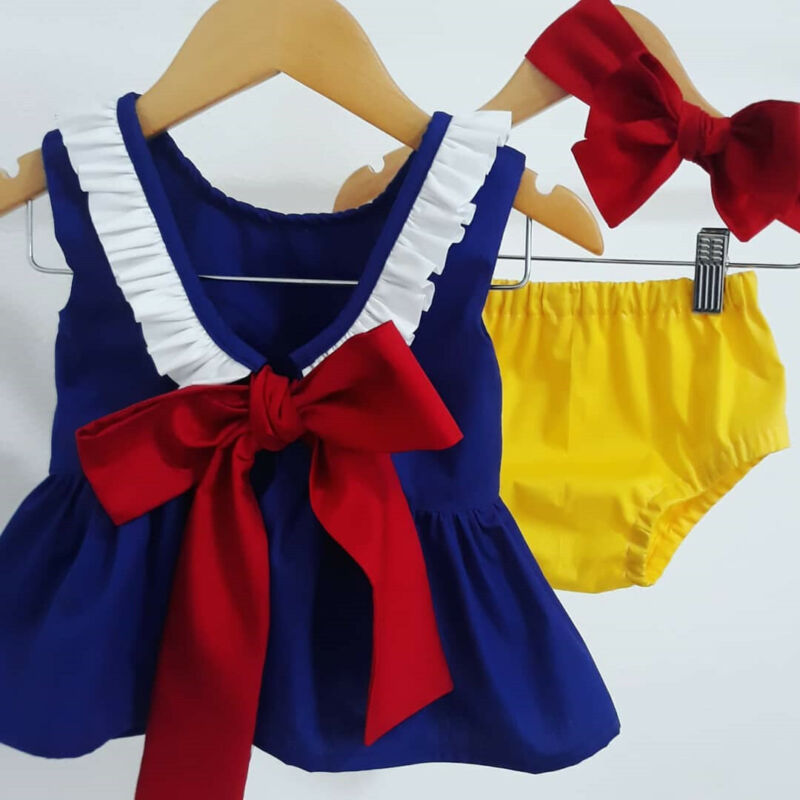 

0-24M 2PCS Baby Girl Clothes Princess Sleeveless Bowknot Ruffle Romper &Tops+Shorts Party Outfit, Romper and headband