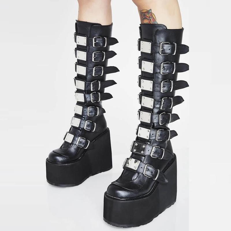 

Boots Women Platform Ladies Wedges Heel Punk Goth Zipper Mid Calf Chunky Locomotive Winter Casual, Black