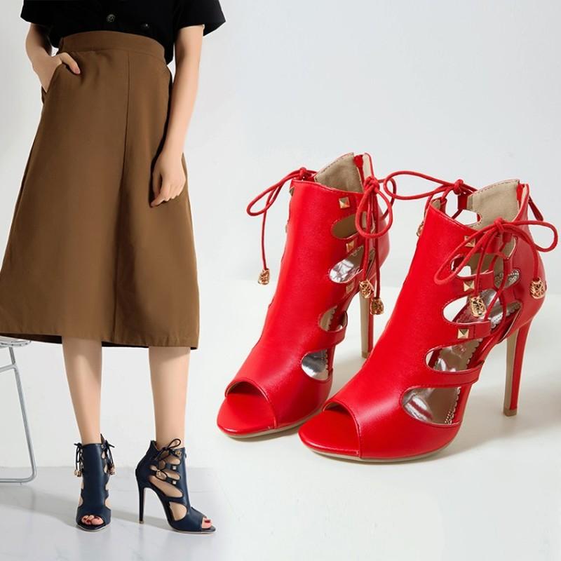 

Sandals Peep Toe Gladiator Women Sexy Summer Shoes Breathable Cool Spring OL Party High Heel Ankle Boots Large Size 45, Black