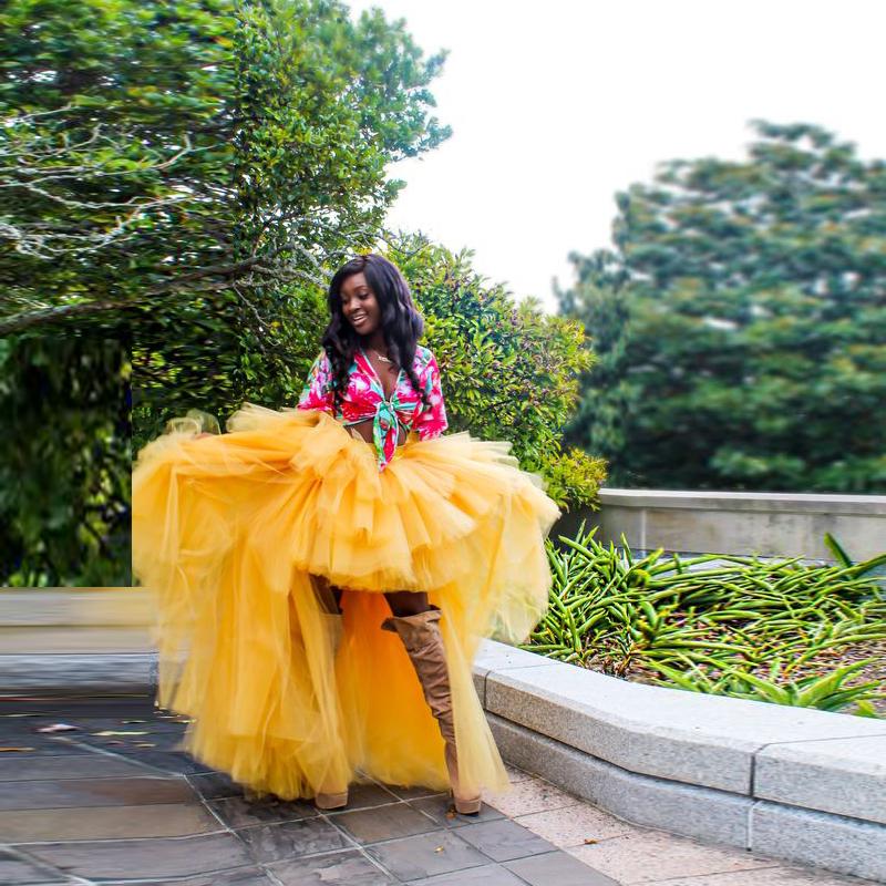 

Skirts High Street Style Gold Low Tulle African Ruffles Tiered Puffy Long Female Tutu Custom Made Elastic Skirt, Yellow