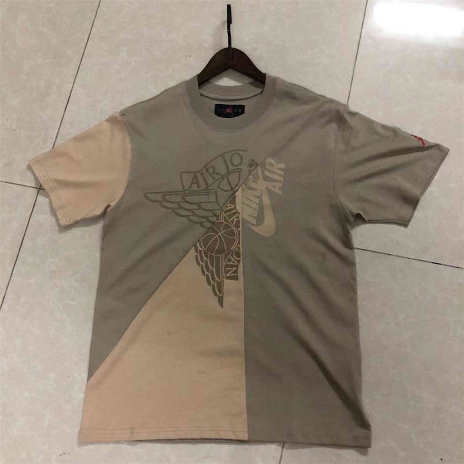 

Air Men's and Women's Loose Retro Travis Scott Co Branded Multi Panel Printed Short Sleeve T-shirt Tide Tee, Khaki