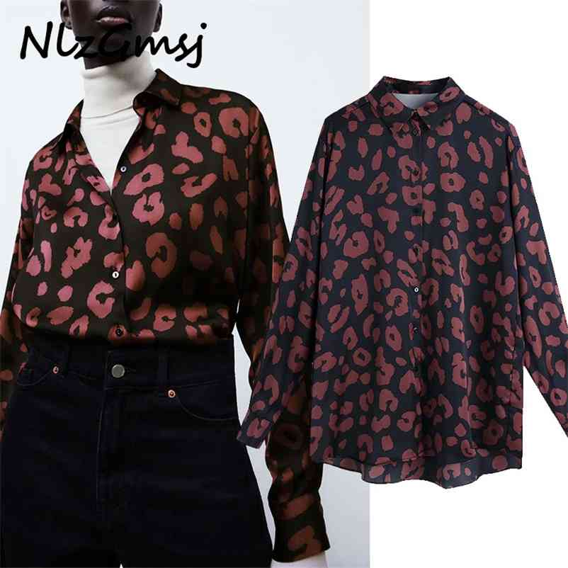 

Blouse Women Vintage Animal Print Satin Shirt Long Sleeve Lapel Collar Top Female Chic Front Button Shirts 210628, As picture