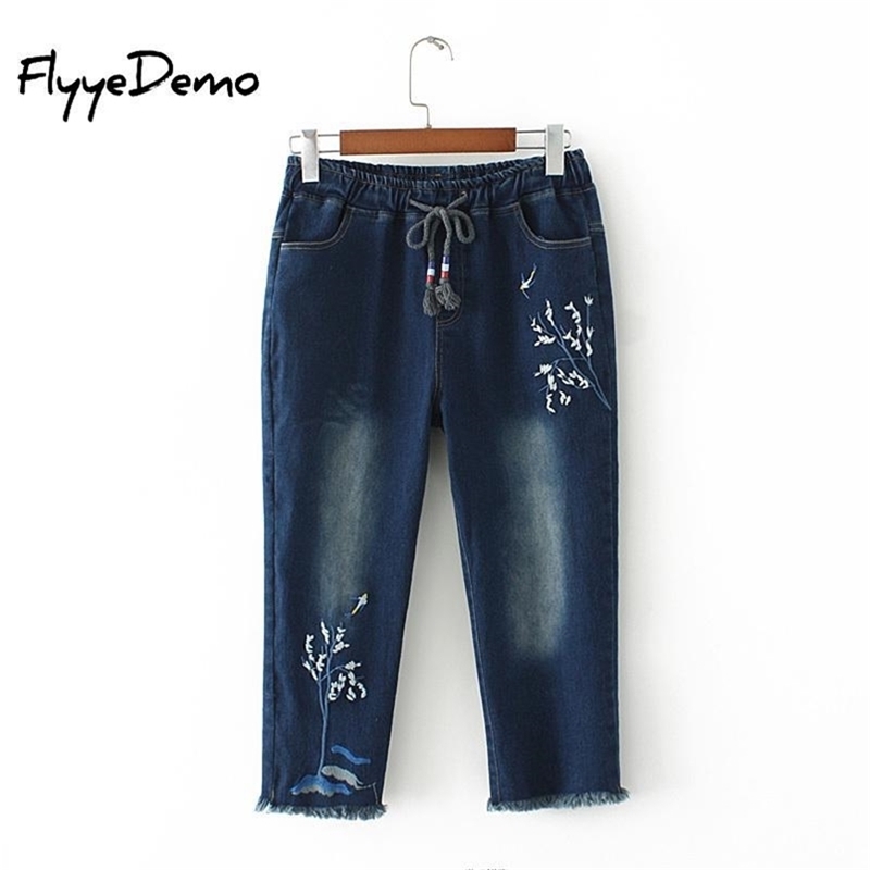 

Summer Female Cotton Floral Embroidered Flowers Loose Calf Length Jeans Elastic Trousers Women Plus size Quality 210708, Deep blue