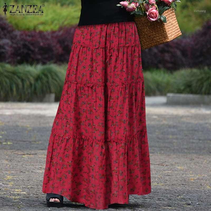

Skirts Bohemian Women Summer Skirt Vintage High Waist Ruffles Maxi Faldas Saia Holiday Jupe Floral Printed Long, Blue