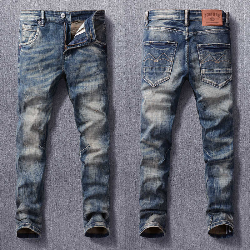

Italian Style Fashion Men Jeans High Quality Retro Dark Blue Elastic Slim Ripped Vintage Designer Casual Denim Pants A8HI