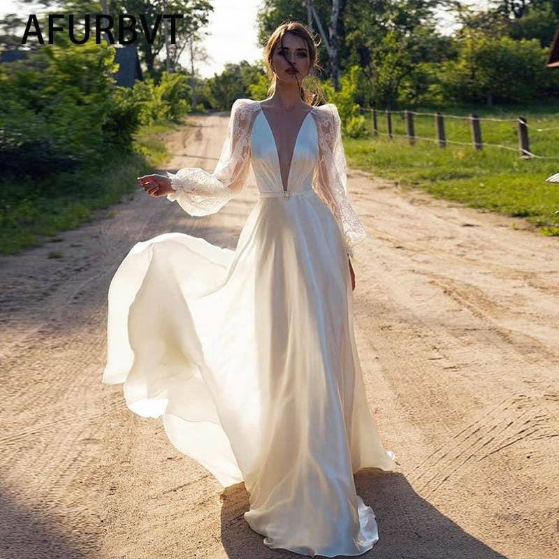 

Casual Dresses 2021 Autumn Elegant Women Maxi Party Dress Long Sleeve Deep V Neck Sexy White Lace Satin